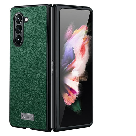 SaniMore for Samsung Galaxy Z Fold 5 (7.6" 2023) Case, PU Leather Skin & Metal Bumper Shockproof PC Backplane, Wireless Charging Slim Magnetic Vintage Shell, Anti-drop Anti-scratch Cover, Green