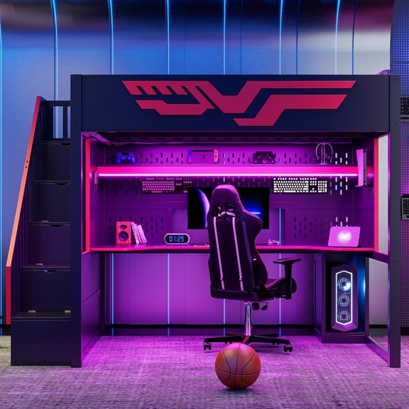 Euroco Wood Full Size Loft Bed with Desk and Staircase, Gaming Bed with LED Light and USB Charging, Black