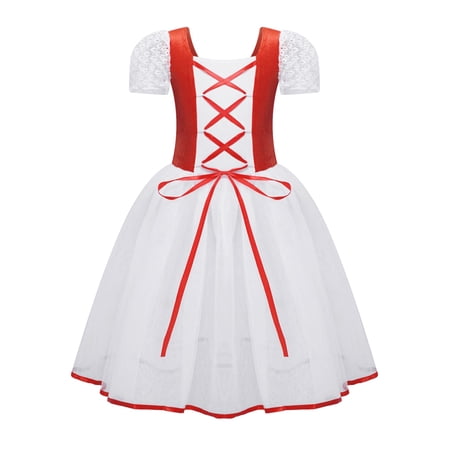 LiiYii Kids Girls Ballerina Short Sleeve Lace Up Ballet Dance Tutu Dress Velvet Gymnastic Modern Red L