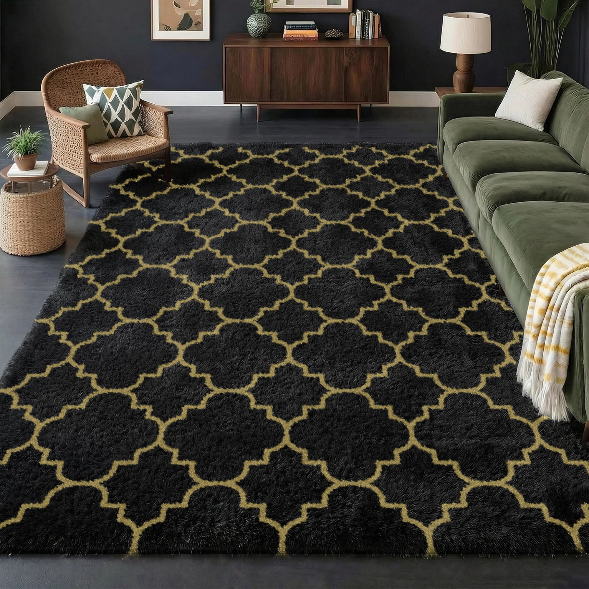 Pentantan Shag Area Rug, 8ft x 10ft Geometric Soft Fluffy Rugs for Living Room Bedroom Indoor Carpet, Black & Gold