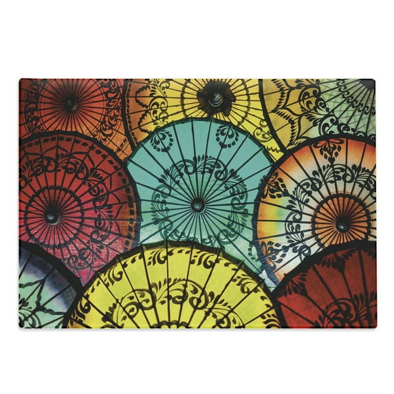 East Cutting Board, Parasols at Indonesian Street Market Vibrant Heritage Boho Inspired Print, Decorative Tempered Glass Cutting and Serving Board, Large Size, Multicolor, by Ambesonne