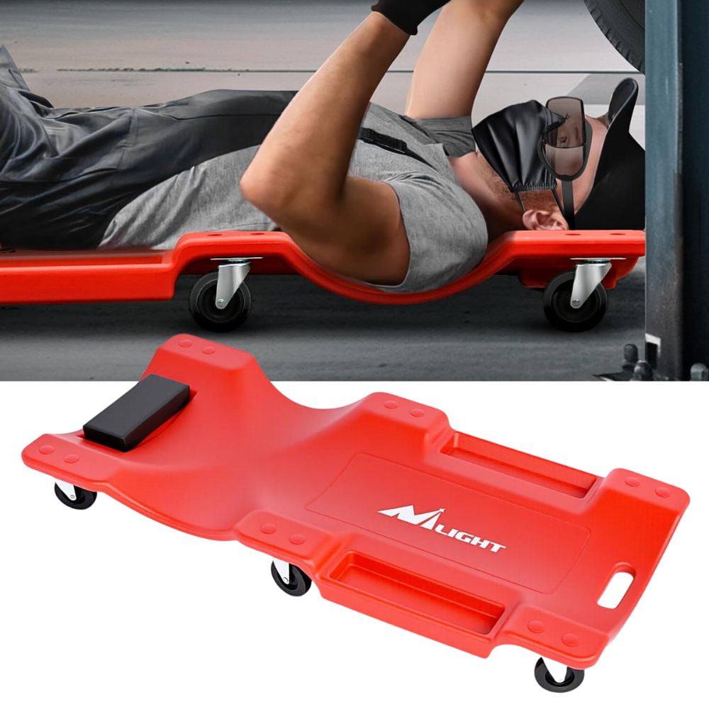 Pro-Lift Mechanic Plastic Creeper, 101 cm, blow-vormige ergonomische HDPE- behuizing met gevoerde hoofdsteun en dubbele gereedschapsplaten, 100 kg capaciteit rood