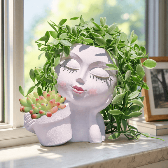 Cute Plant Pots,Unique Planters, Decorative Flower Pots, Face Vase, White Lady Face Resin Planter with Drainage Holes for Succulent Trailing Indoor Plants Home Table Decor Gift