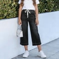 thumbnail image 2 of Jewelreauty Girls' Jean Capris Drawstring Elastic High Waist Denim Capri Pants Wide Leg Jeans 4-15 Years (6-7Years, Black), 2 of 6