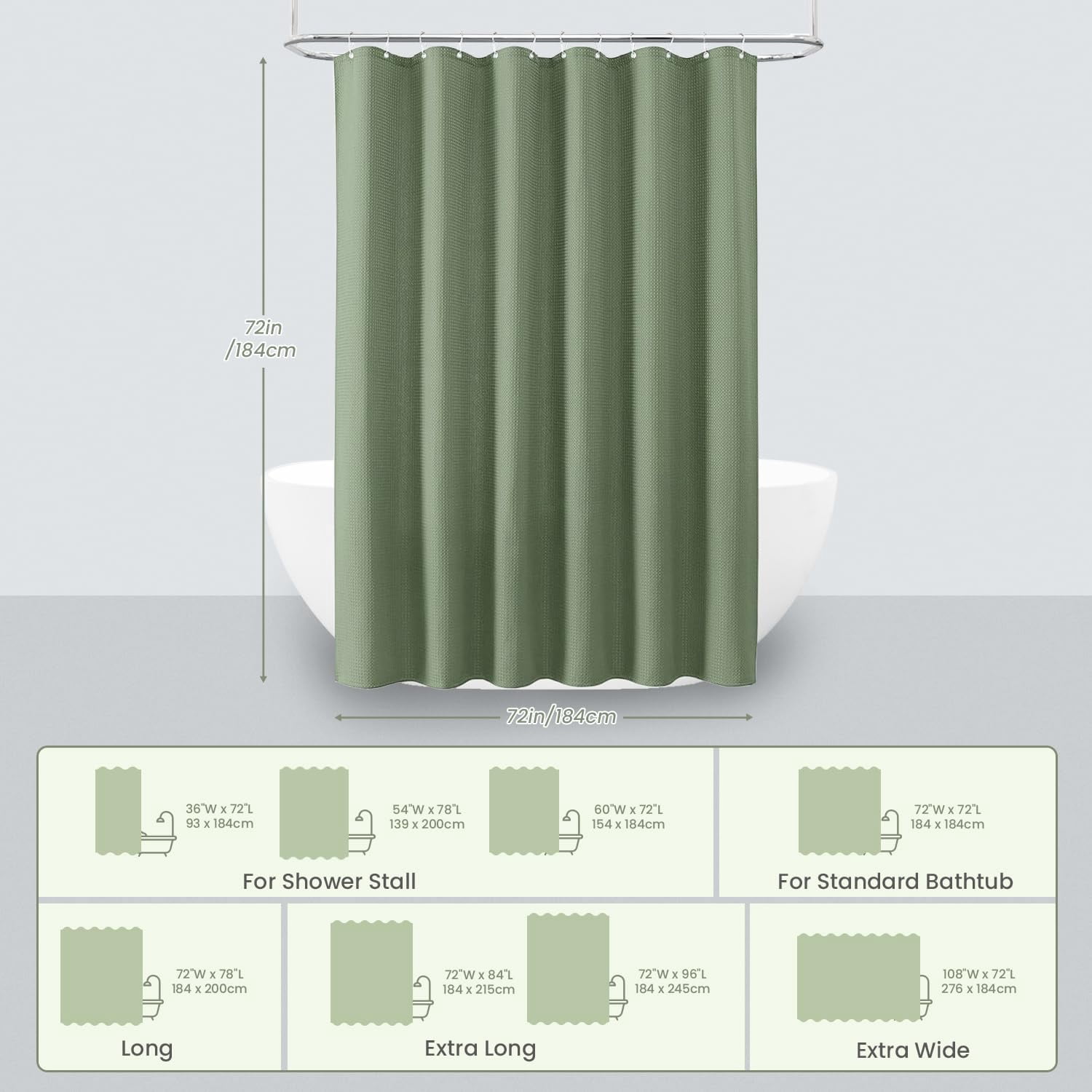 Shower Curtain sage green curtains bathroom curtain Waffle Textured Heavy Duty Thick Fabric Shower Curtains for Bathroom, Luxury Weighted Polyester Cloth Bath Curtain ,72Wx72H,Green