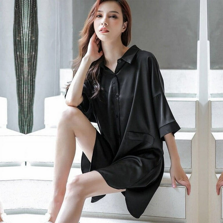 PIKADINGNIS Summer Satin Silk Womens Sleepwear Shirt Night Gown
