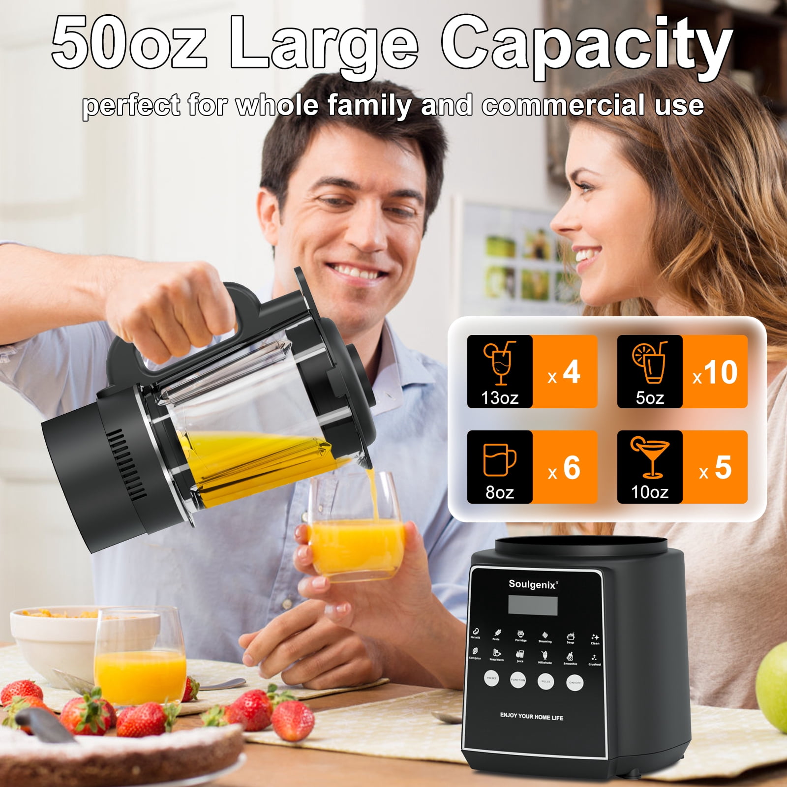 Soulgenix Blender for Smoothies, 50 oz Countertop Blender with Milkshake, Juice, Crush Ice and Pulse, 1200W Peak Watts, PowerCrush Food Processor with Self-Cleaning, Stainless Steel Blade, Black