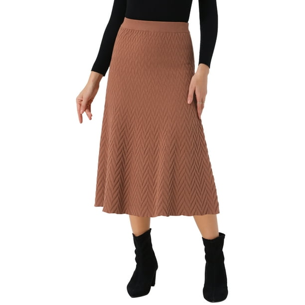 Falda midi de suéter elástica de cintura alta de punto acanalado para mujeres Inspire Chic XL color caramelo