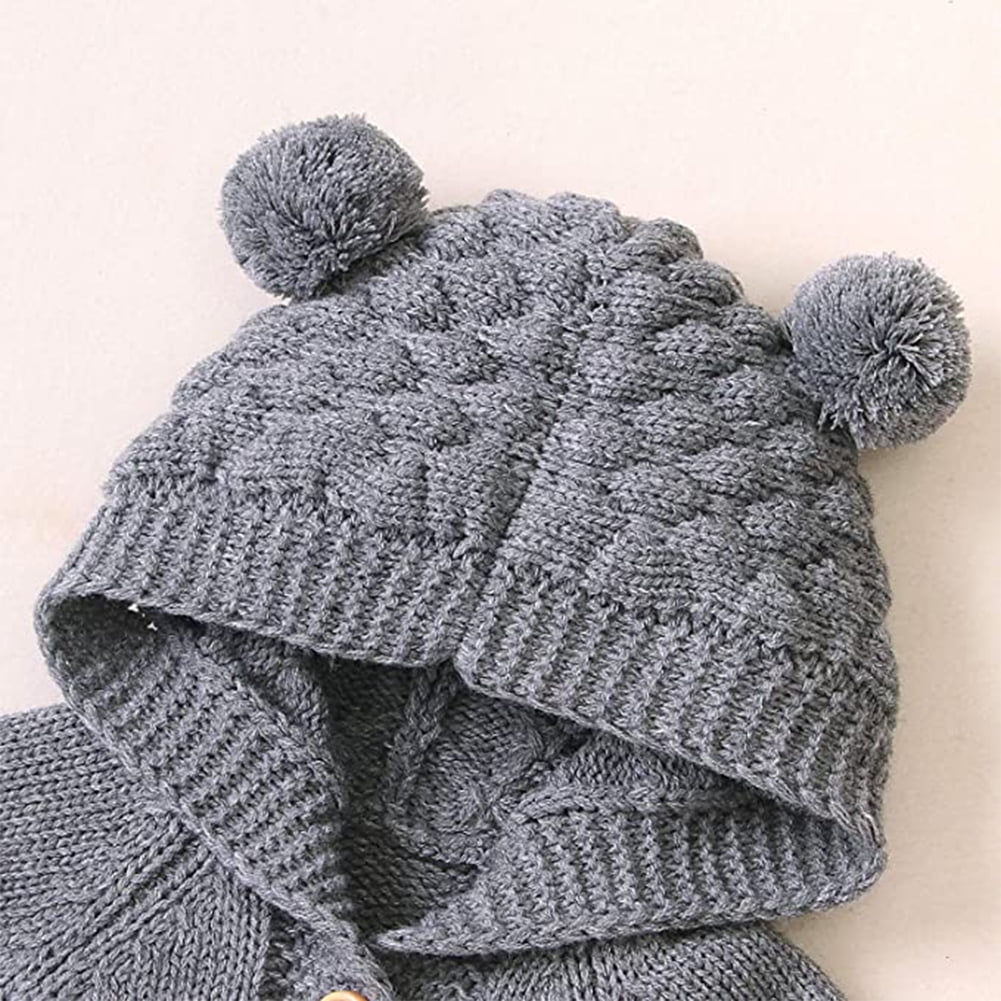 IBTOM CASTLE Unisex Baby Boy Girl Cute 3D Bear Ears Hooded Knitted Sweater Long Sleeve Romper Overall Sleepwear Winter Warm Clothes 6-12 Months Gray