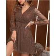 thumbnail image 4 of Vestido de manga larga con empalme de malla elegante para mujer, vestido de fiesta a la moda con purpurina, cuello en V profundo, vestido Midi de cintura alta para mujer, 4 of 4