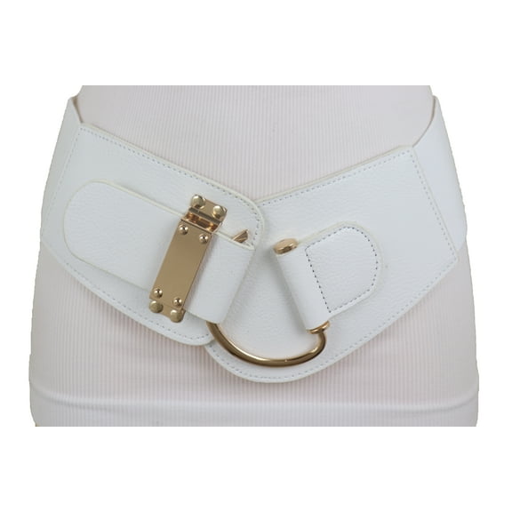 Women White Elastic Belt Hip High Waist Gold Hook Buckle L XL