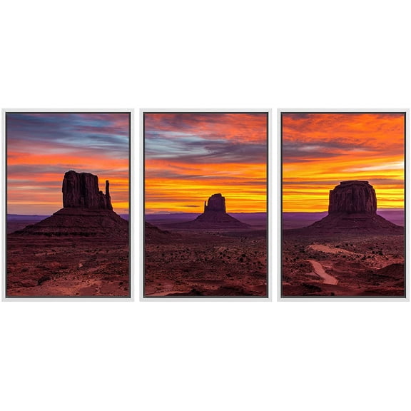 wall26 - 3 Piece Framed Canvas Wall Art - Monument Valley Sunset West and East Mittens and Merrick Butte Utah - Modern Home Art Stretched and Framed Ready to Hang - 24"x36"x3 WHITE