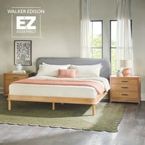 Walker Edison Mid-Century Wood King Bed with Curved Upholstered Headboard - English Oak/Grey