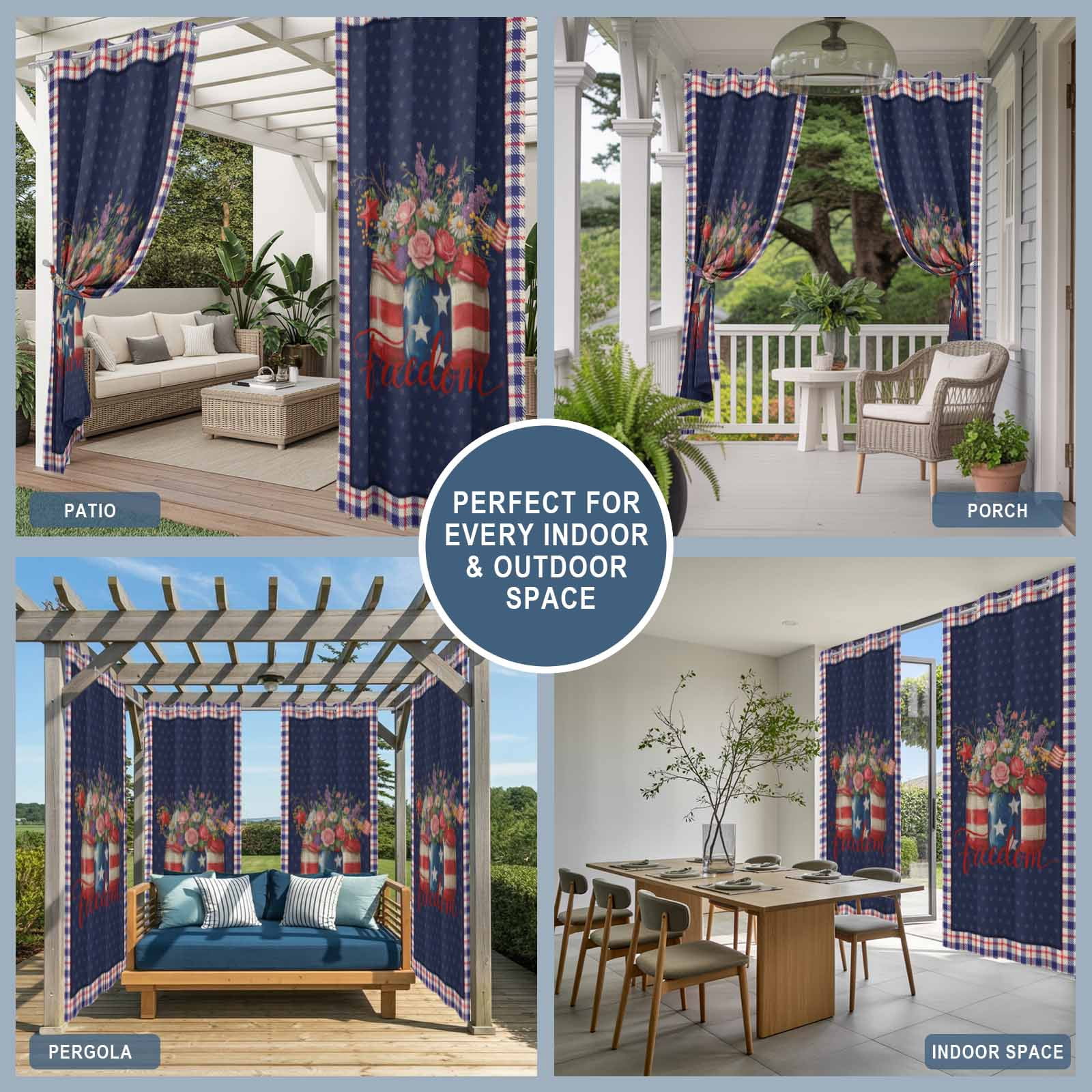 Independence Day Flower Outdoor Curtains for Patio, U.S. Flag Freedom Floral Red Blue Plaid Sunshade Privacy Drapes Grommet Waterproof Outside Curtains for Porch/Cabana/Balcony 54"x 108", 1 Panel