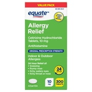 Equate 24 Hour Allergy, Cetirizine Hydrochloride Tablets, 10 mg, 300 Count