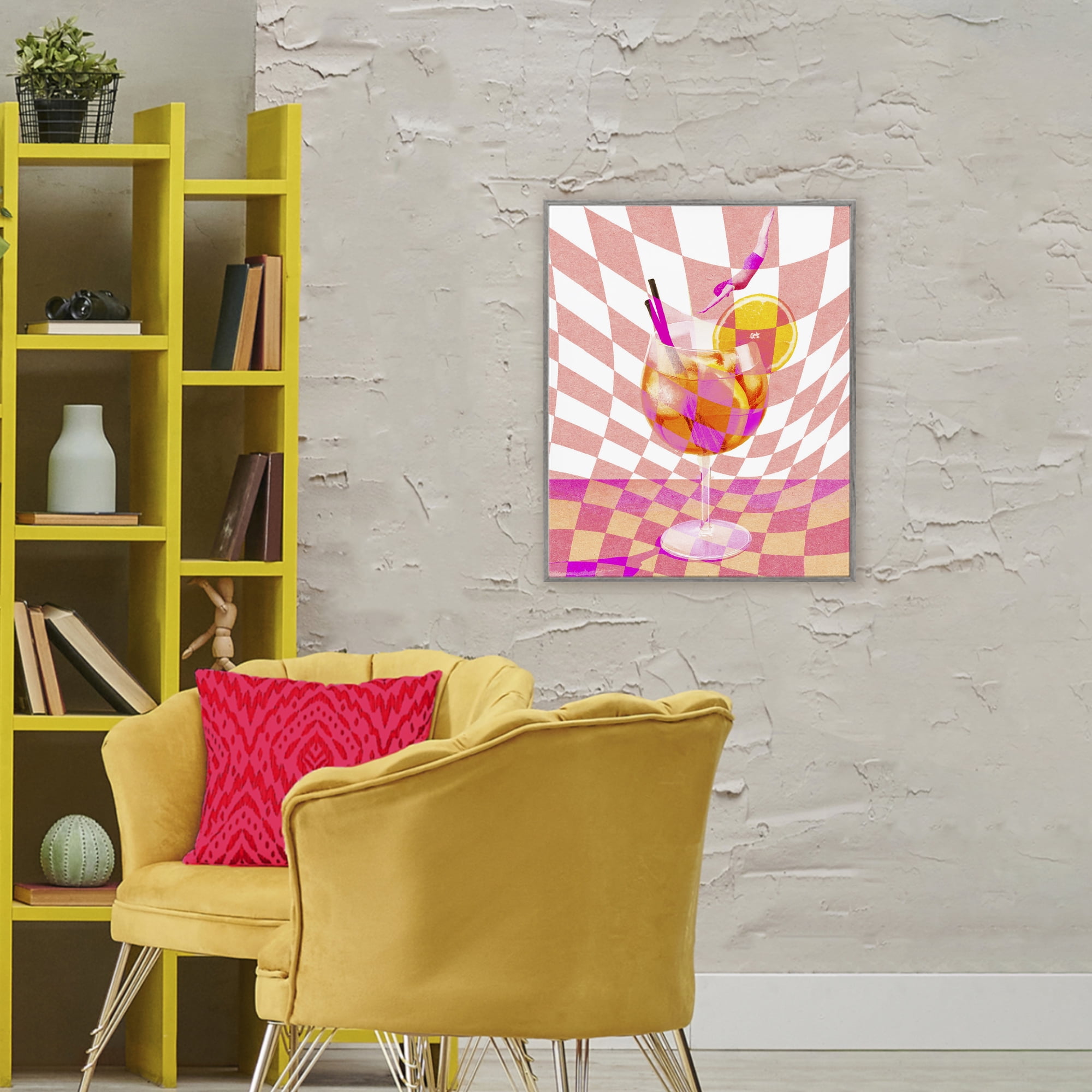 Retro Checkered Summer Cocktail Gray Framed Giclee Art, design by Lil' Rue