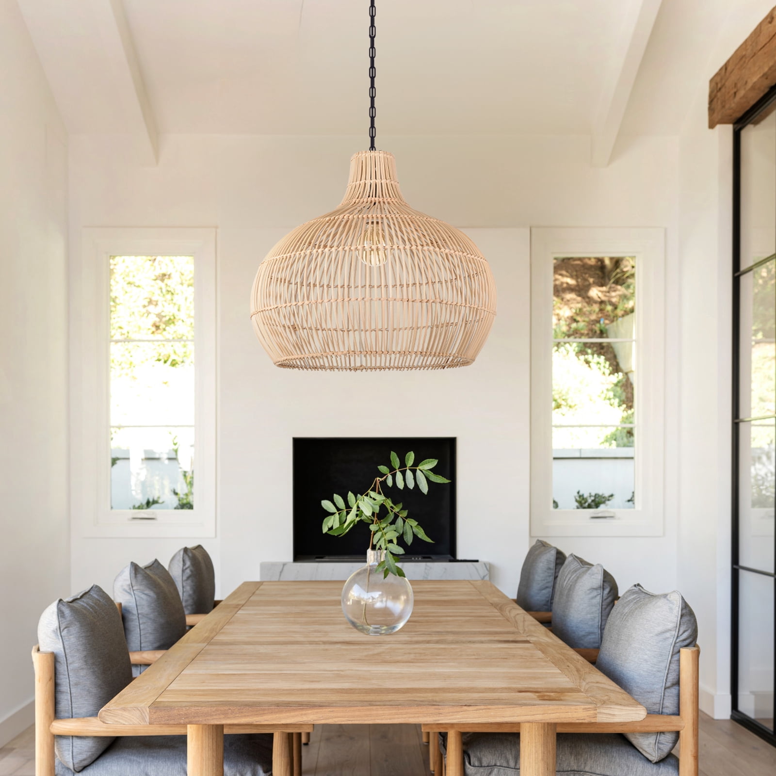 LittleGlovo Boho Home Decor Kitchen Island Rattan Bamboo Pendant Light Basket Weave Linear Chandelier