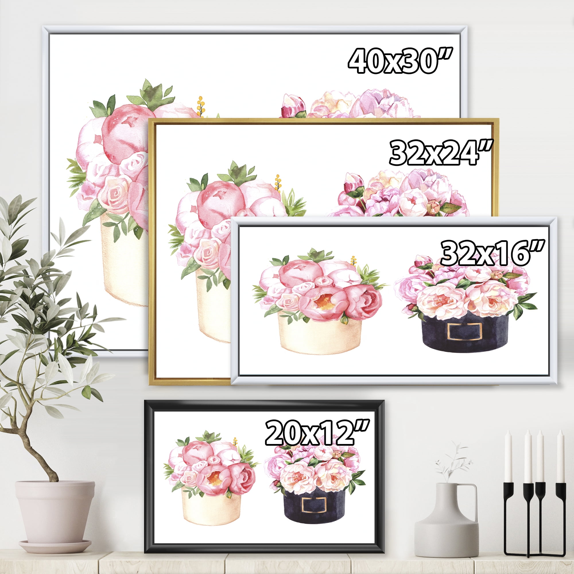 Designart 'Peonies and Rose With Flower Box' Farmhouse Framed Canvas Wall Art Print