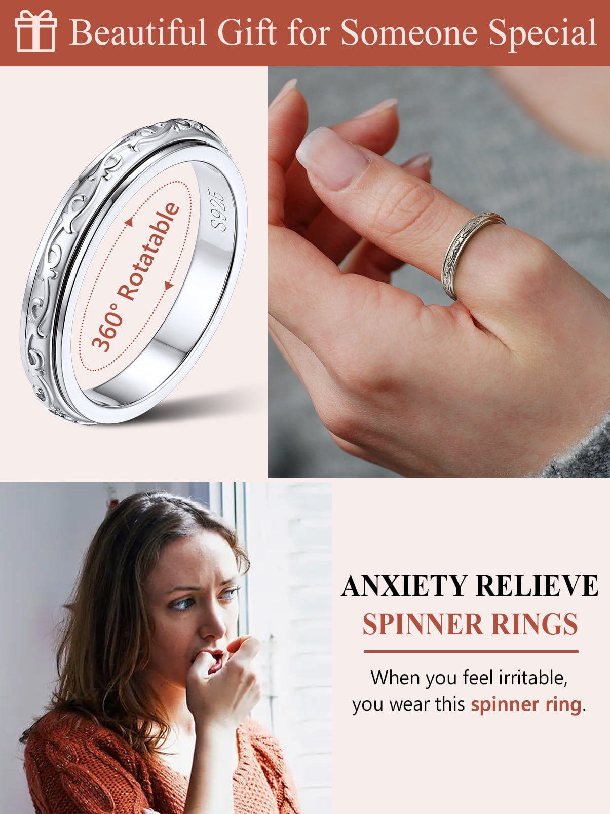 Silvora S925 Sterling Silver Fidget Rings Embossed Celtic Spinner Rings Anxiety Stress Relieving Band Gifts for Women, Size 9