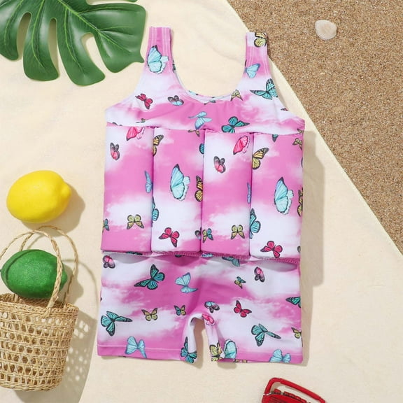 Girls Floatation Swimsuit Buoyancy Float Suit One Piece Floating Swimwear Sleeveless Sweet Print Bathing Suit Pink 5-6 Years