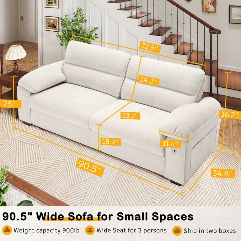 Bedluxury 90.5'' Comfy Sofa Couch for Living Room, Modern Deep Seat Couch with Pillow-Armrest, Removable Cover, Chenille Fabric Couches for Small Space,USB/Type-C Port(Beige)