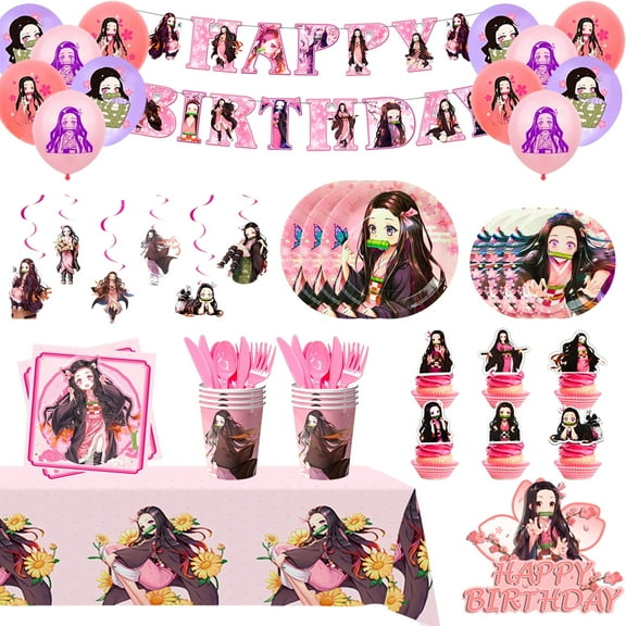 Nezuko Birthday Decorations,117pcs Nezuko Party Decorations&Nezuko Party Tableware Set- Nezuko Birthday Party Plates Tablecloth&Nezuko Cake Topper Banner Balloons etc Nezuko Birthday Party Supplies