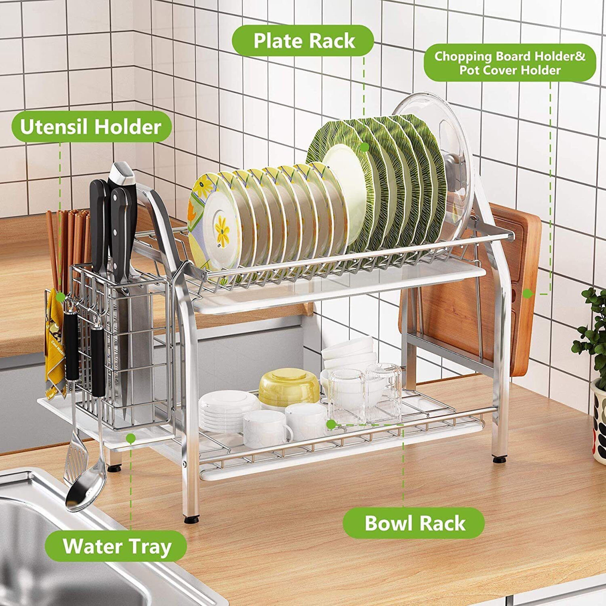 Lelinta Dish Drying Rack, 304 Stainless Steel Double Layer Dish Rack with Trays, Utensil Holder, Cutting Board Holder, Rustproof Dish Drainer for Kitchen
