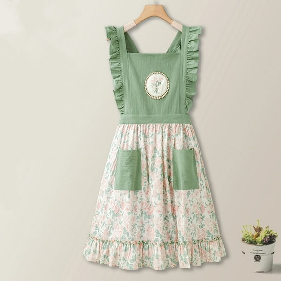 Cotton pleated women's apron, backyard cooking apron with two pockets - green