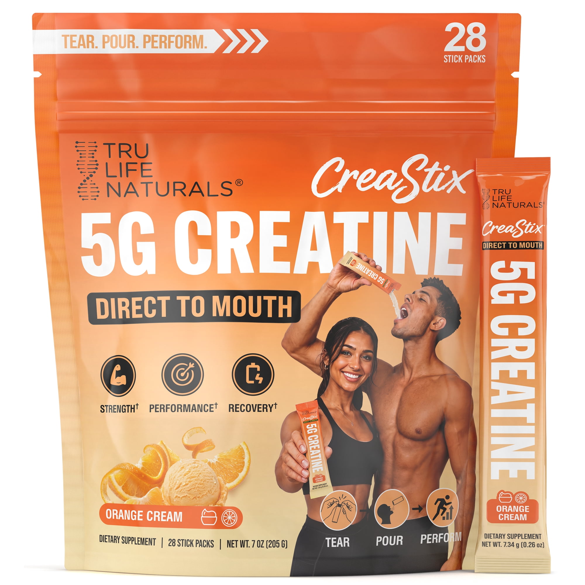 TRULIFE NATURALS CreaStix 5g Creatine Monohydrate, Direct to Mouth, Orange Cream