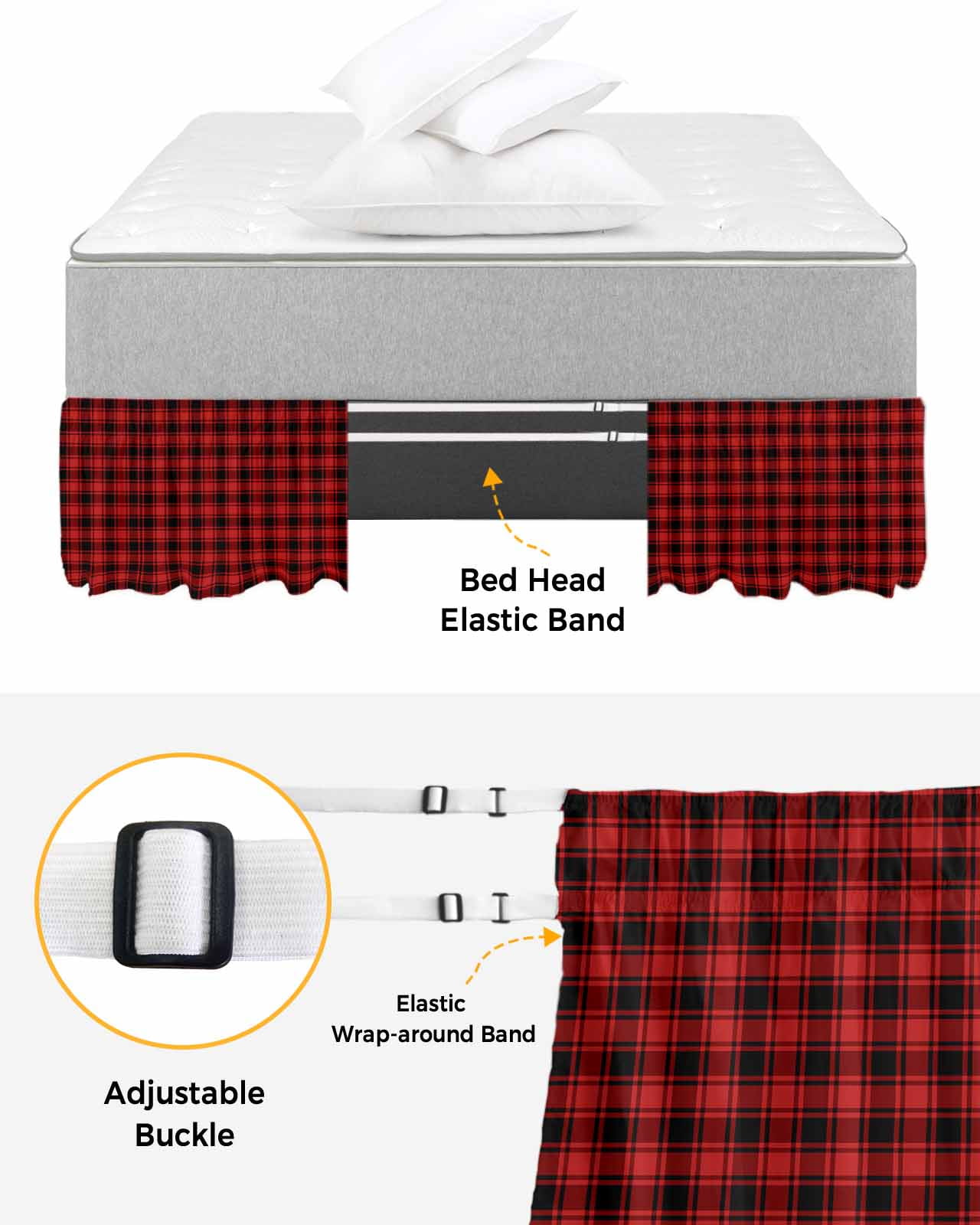 Red Black Plaid Wrap Around Bed Skirts for Queen Bed 16" Drop,Bed Skirt with Adjustable Elastic Belt Bedroom Dust Ruffle Bed Valance Hotel Vintage Farmhouse Abstract Buffalo Check Bed Frame Cover