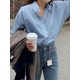 thumbnail image 4 of Blusa De Manga Larga Con Bolsillo Y Hombros Caídos Celeste, 4 of 18