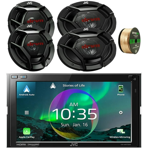 JVC Double DIN 6.8" Touchscreen HDMI/WiFi Bluetooth USB Digital Multimedia Stereo Car Receiver, 2x 6.5" 300 Watt Max 2-Way Vehicle Speakers, 2x 6x9" 500 Watt Max 3-Way Auto Audio Speakers w/ Wire