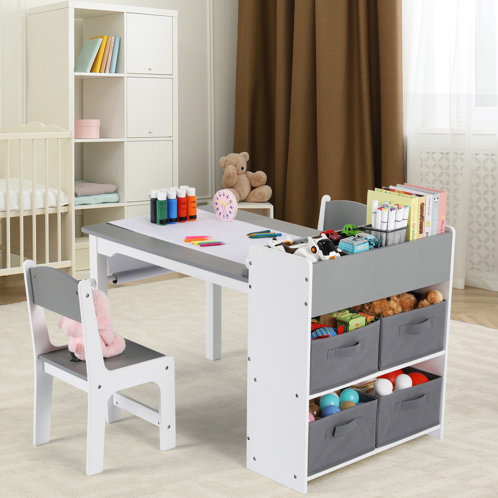 LAZY BUDDY Kids Art Table & Chairs Set, Wooden Toddler Activity Table Set with Storage Bins, Storage Shelves and Paper Roll for Playroom, Daycare