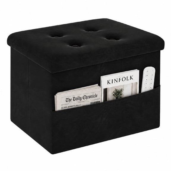 ZOES HOMEWARE  Small Storage Ottoman with Storage and Side Pocket, Ottoman Velvet Footstool, Foldable & Collapsible, 16"x12"x12" Black