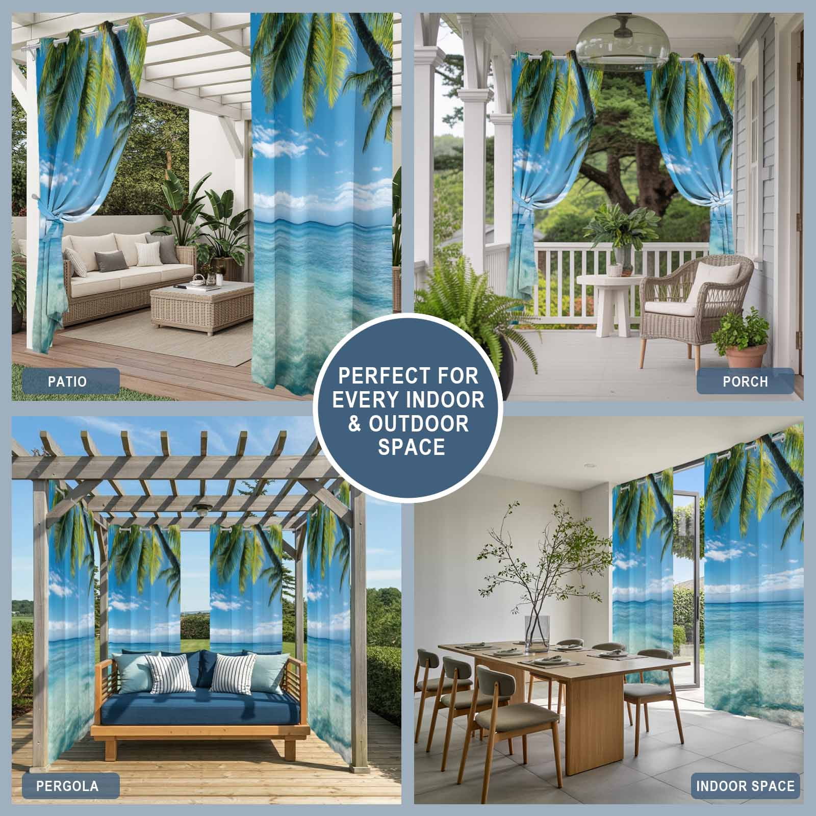 Summer Beach Landscape Outdoor Curtains for Patio, Coastal Ocean Palm Tree Blue Cloud Sky Wave Waterproof Outside Curtains Privacy Blackout Curtain for Porch Pergola Cabana, 2 Panel 54W x 84L Inch