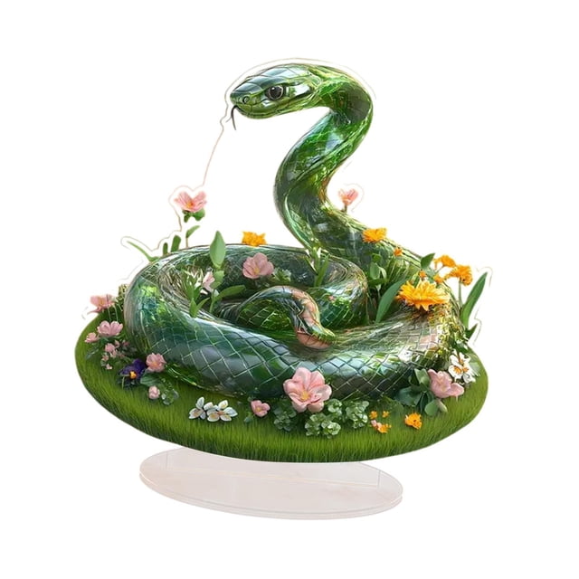 Decoración acrílica de serpiente verde con Base, adorno de mesa creativo artesanal 2D, centro de mesa para dormitorio, estantería, gabinete, hogar