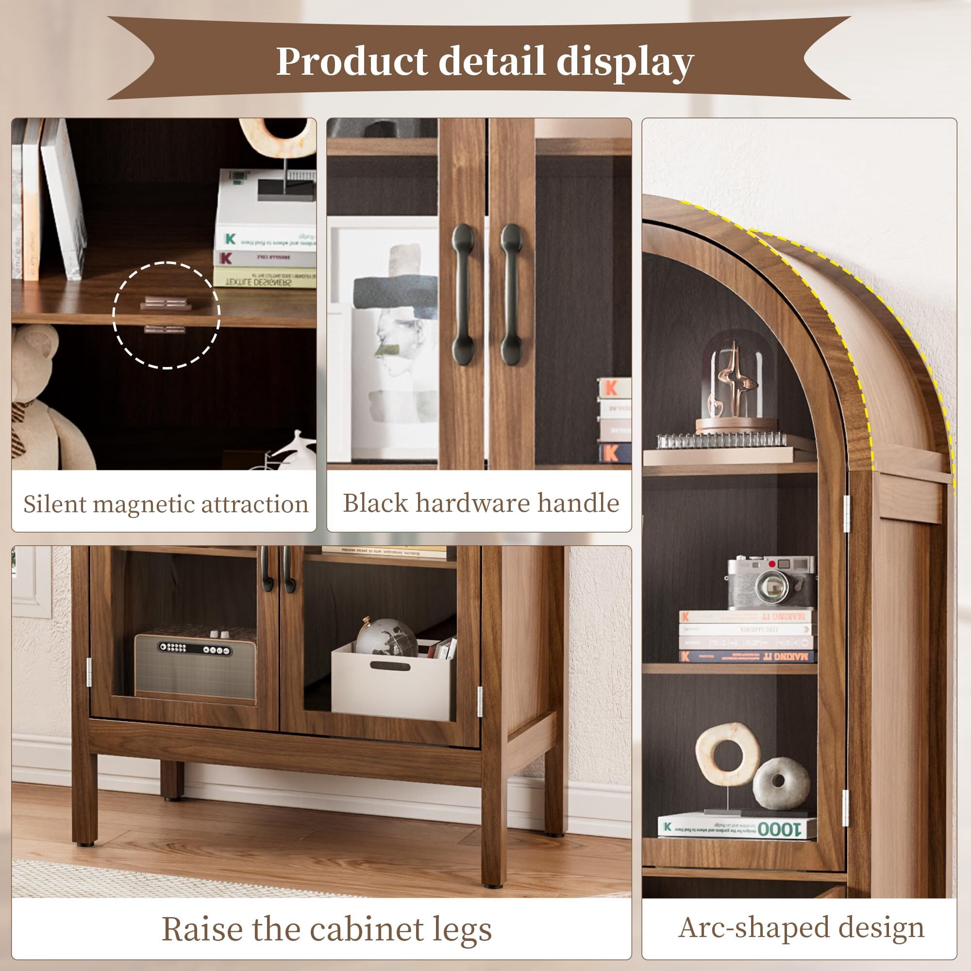 Fsbecl Tall Arched Display Cabinet with Acrylic Glass Doors, Pantry Storage Cabinet for Living Dining Room, Walnut