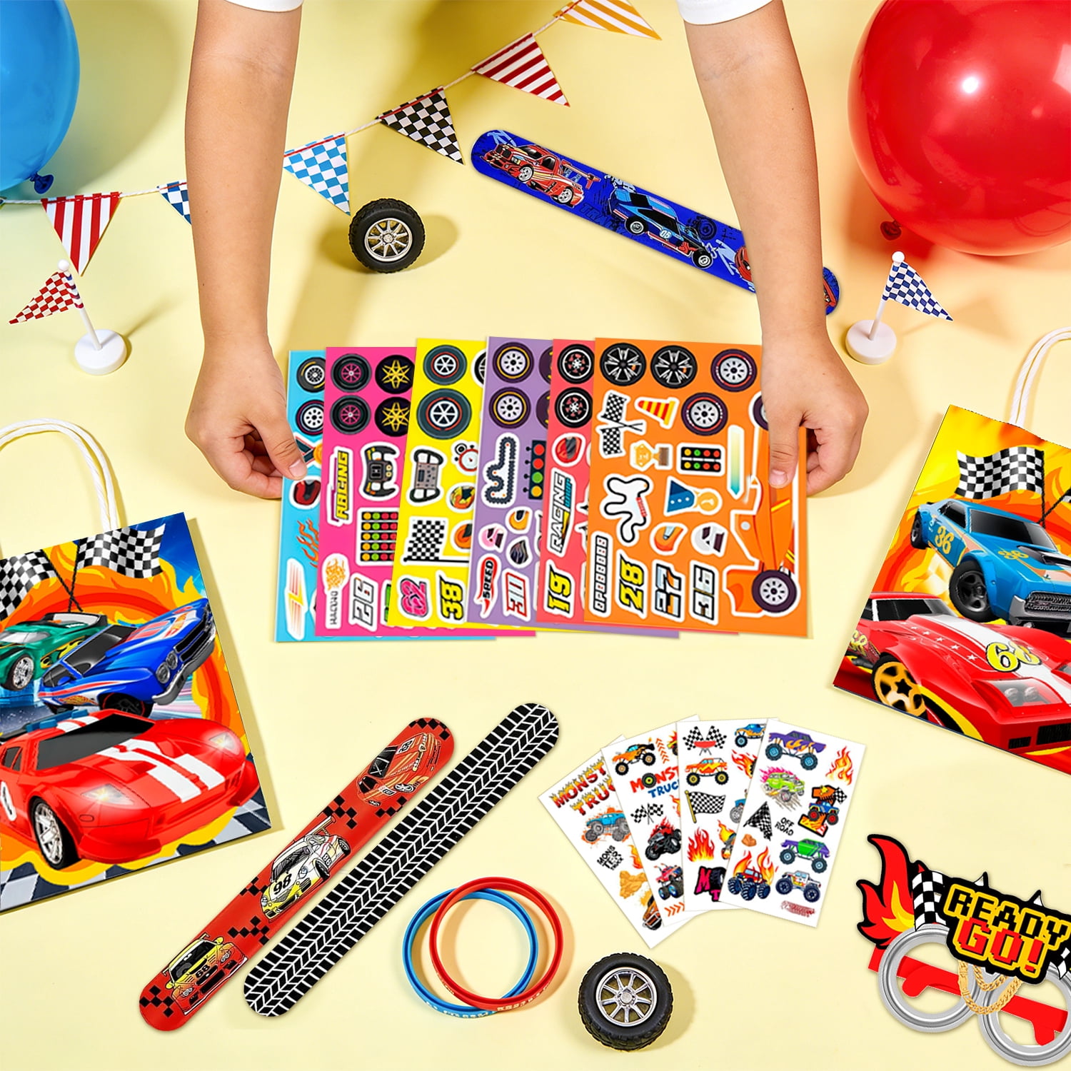 96Pcs Race Car Party Favors, Race Car Birthday Favors Set- Race Car Goodie Bags Key Chains Stickers  3D Puzzle etc Race Car Party Supplies for Race Car Birthday Decorations