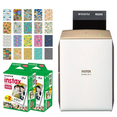Fujifilm instax Share Smartphone Printer SP-2 (Gold) + Fujifilm Instax Mini Twin Pack Instant Film (40 Exposures) + 20 Sticker Frames for Fuji Instax Prints Travel Package – Deluxe Accessory