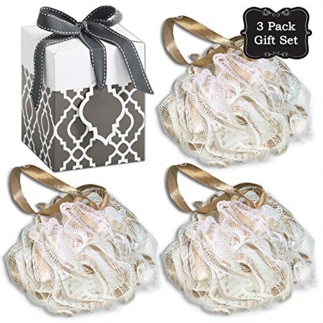 luxury loofah bath sponge w gold ribbon & comfort mesh (3 pack gift set