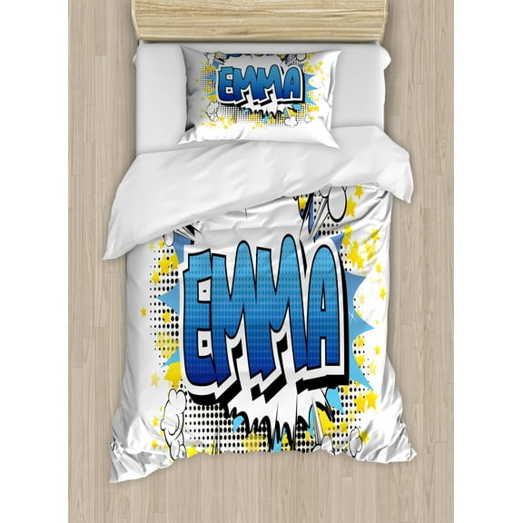Emma Twin Size Duvet Cover Set, Youthful Energetic Name Design for Teenage Girls Cartoon Stars and Burst, Decorative 2 Piece Bedding Set with 1 Pillow Sham, Blue Yellow and Black, by Ambesonne