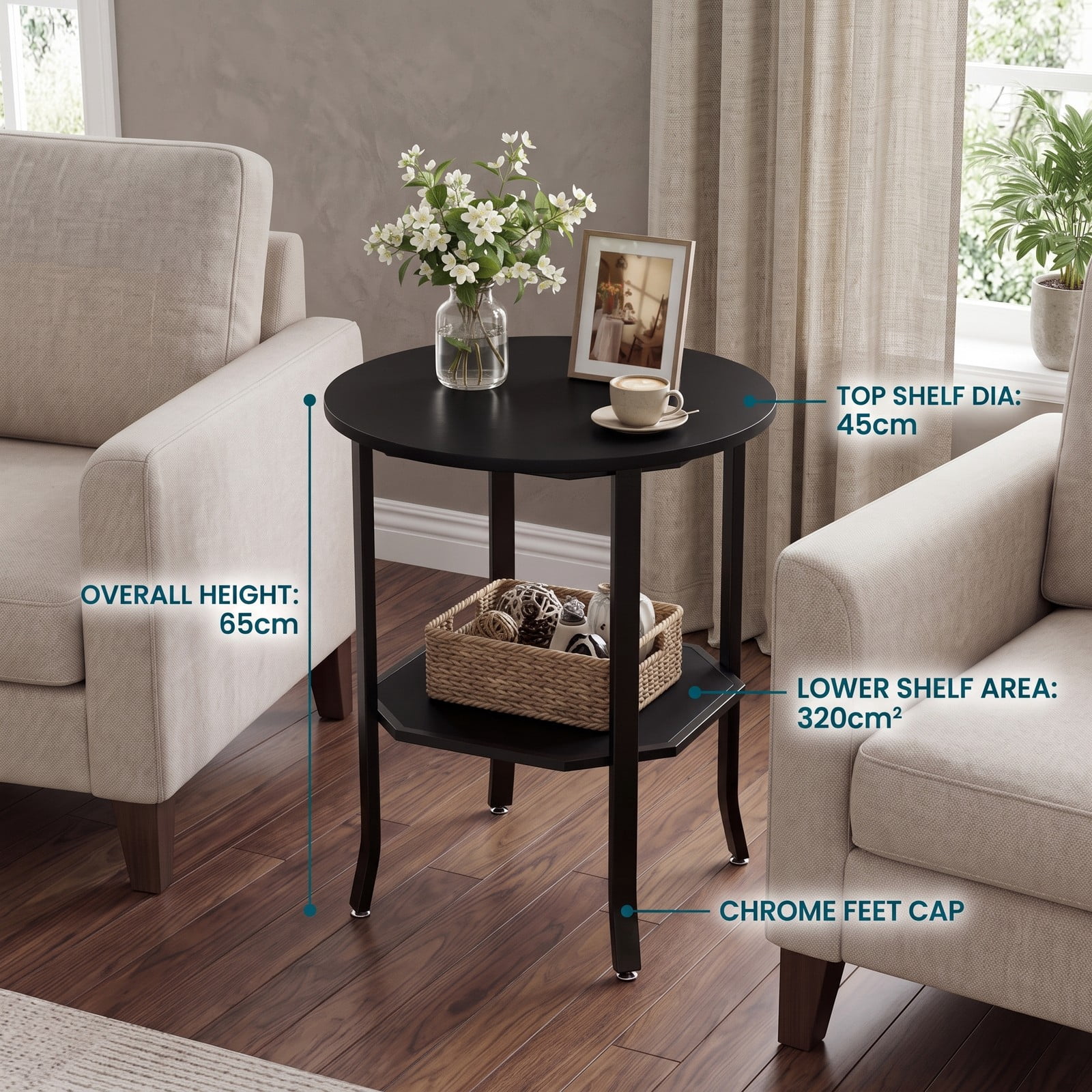 Furnibear Round Side Table Small End Table with Storage Shelf, 2-Tier Nightstand Sofa Couch Bedside Table for Small Space Living Room Bedroom, Black