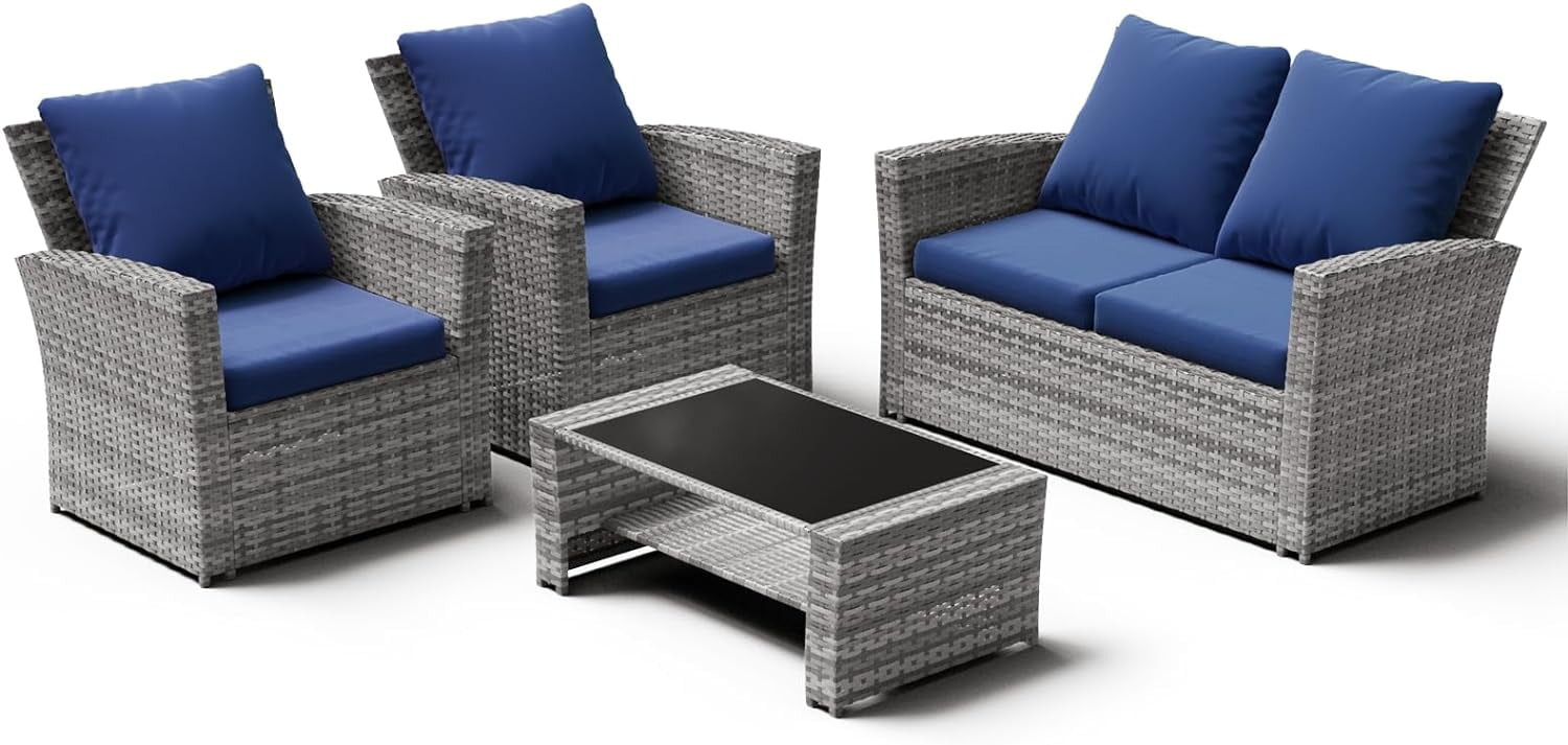 ELPOSUN Wicker Patio Furniture Set Outdoor Sectional Sofa 4-Piece with Gray PE Rattan, Navy Blue