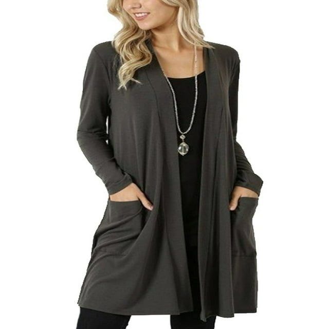 Womens Long Sleeve Cardigan Pockets Plus Size Open Front Jackets Plain Outerwear