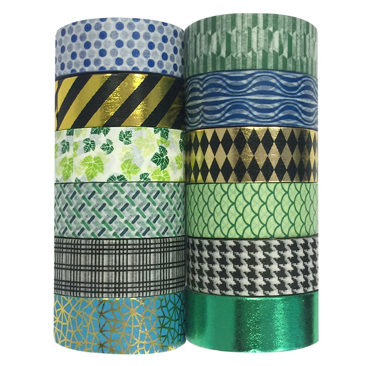 ALLYDREW Set of 12 Washi Tapes Green Goddess Washi Tape Rolls - Green, Blue, Black, Gold