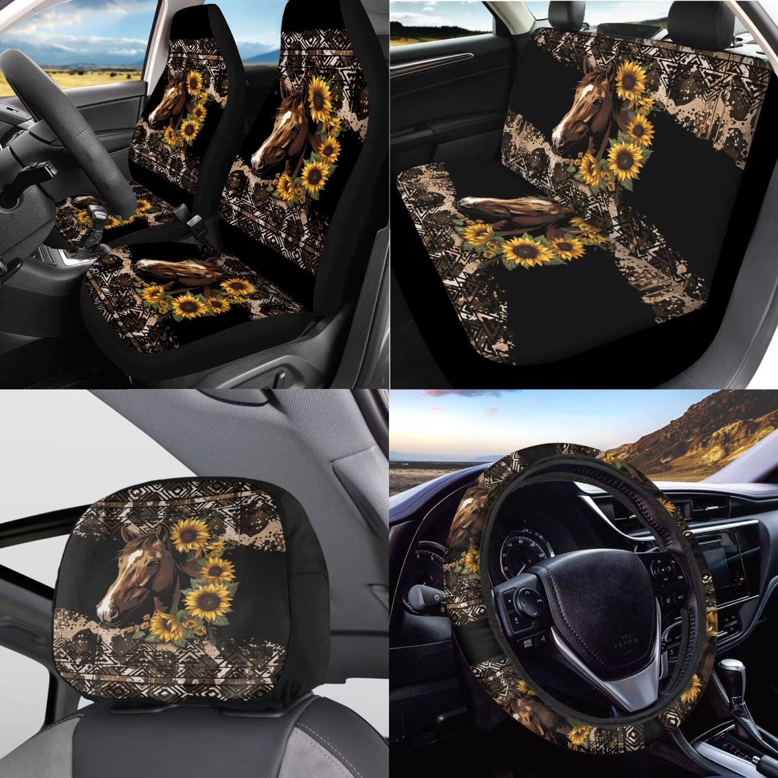 Garronmavis Aztec Horse Car Accessories Set Steering Wheel Wrap Gear Shift Cover Handbrake Sleeve Headrest Protectors Cup Coasters Easy to Install Air Breath in Summer Universal Interior Accessories