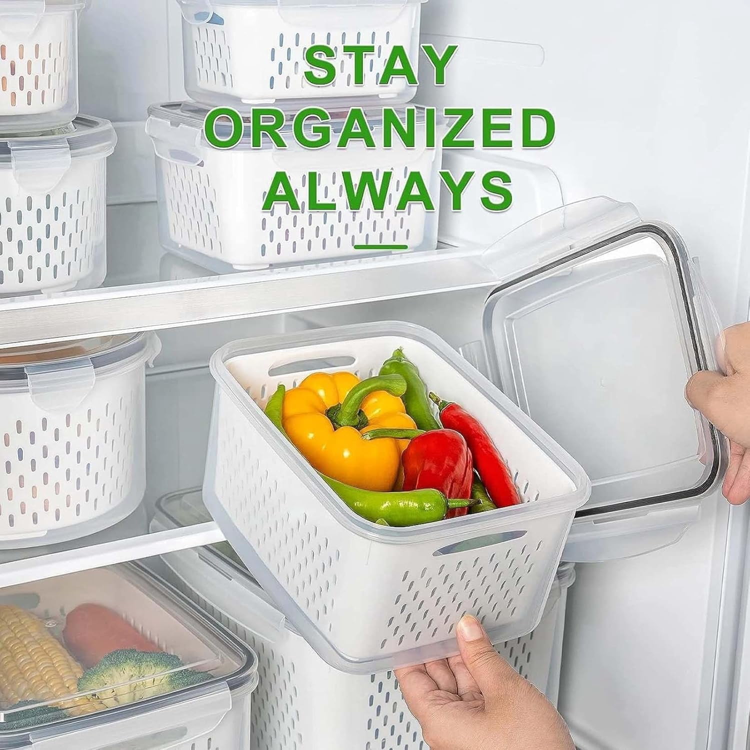 2026 New 4 in 1 Food Storage Container, Fruit Storage Containers for Fridge, Including Drain Basket, Produce Storage Containers with Lid and Strainer (S+M+L)