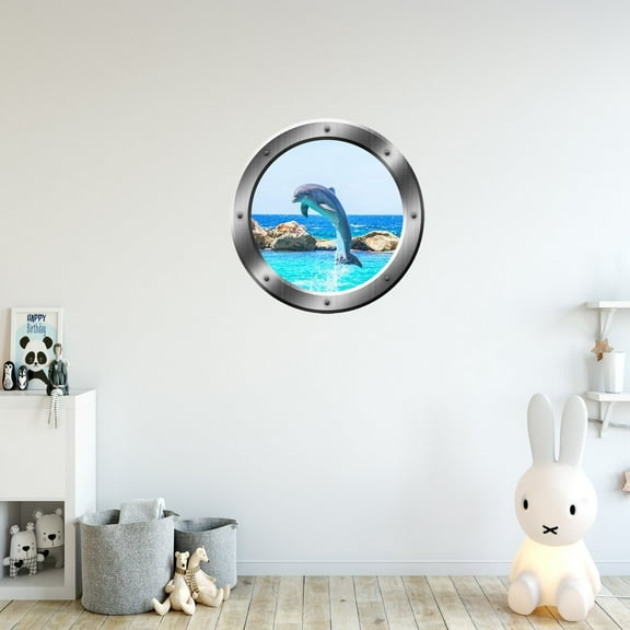VWAQ Dolphin Porthole Porpoise Wall Decal 3D Sticker Sea Life Wall Decor - SP30 (14" Diameter)