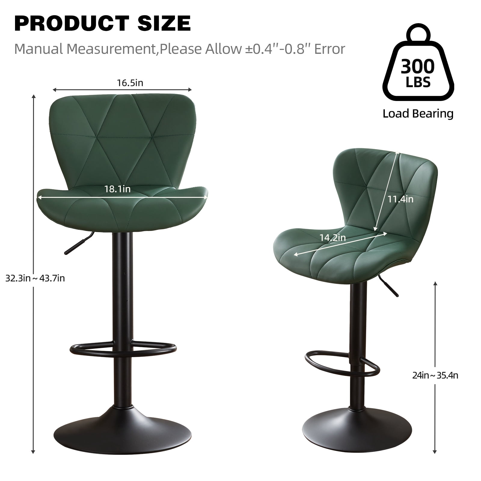 Restworld Solo Classic Adult Low Back Adjustable Seat Height Bar Stools - Set of 4, Green