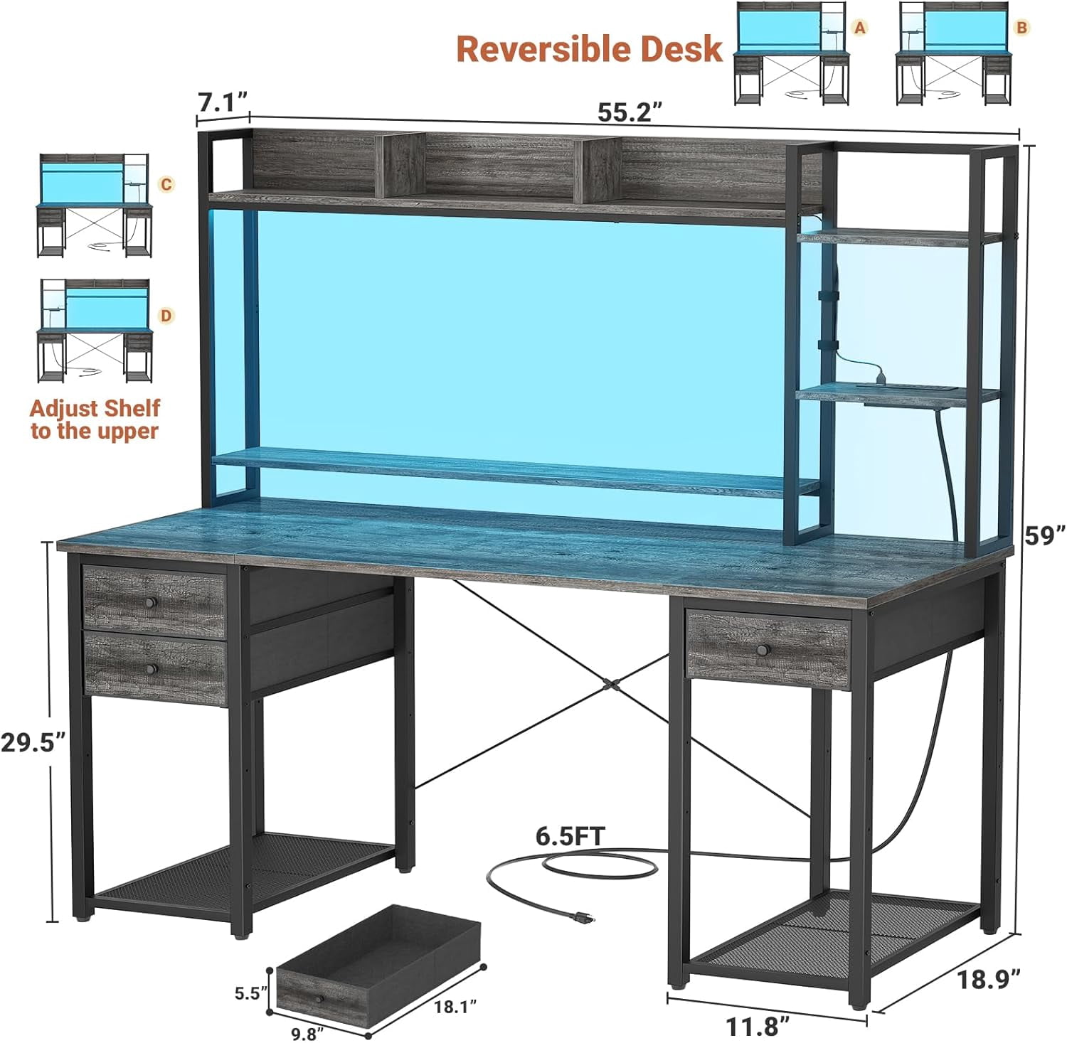 iSunirm Computer Desk with Storage & Hutch, 55.2'' Rectangle Gaming Desk with LED Light, Reversible Office Desk with Power Outlets, Comes with 3 Drawers, Large Workstation Desk for Home, Black Oak